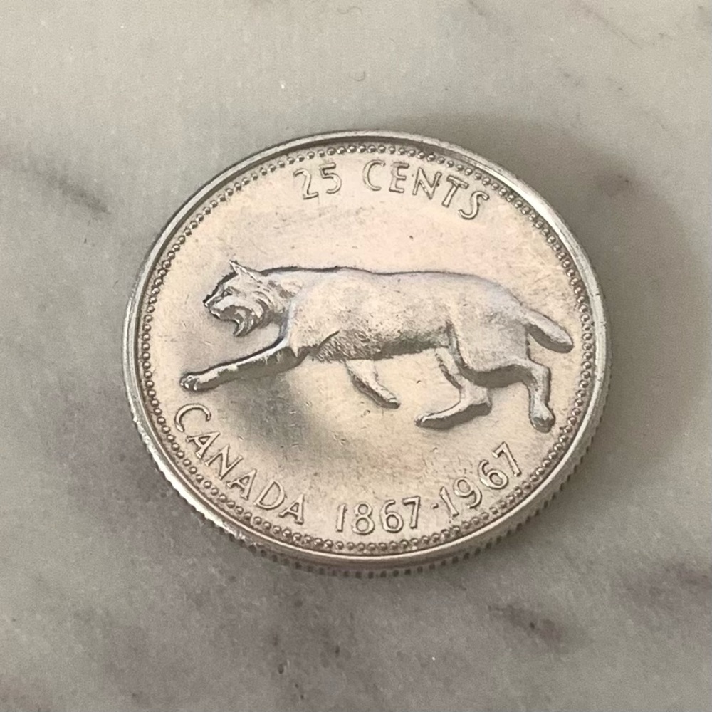 1967 (1867-) Canadian 25-Cent Bobcat Confederation Centennial Slvr Quarter Coin